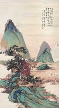 金城 乙丑（1925年）作 青绿山水 立轴